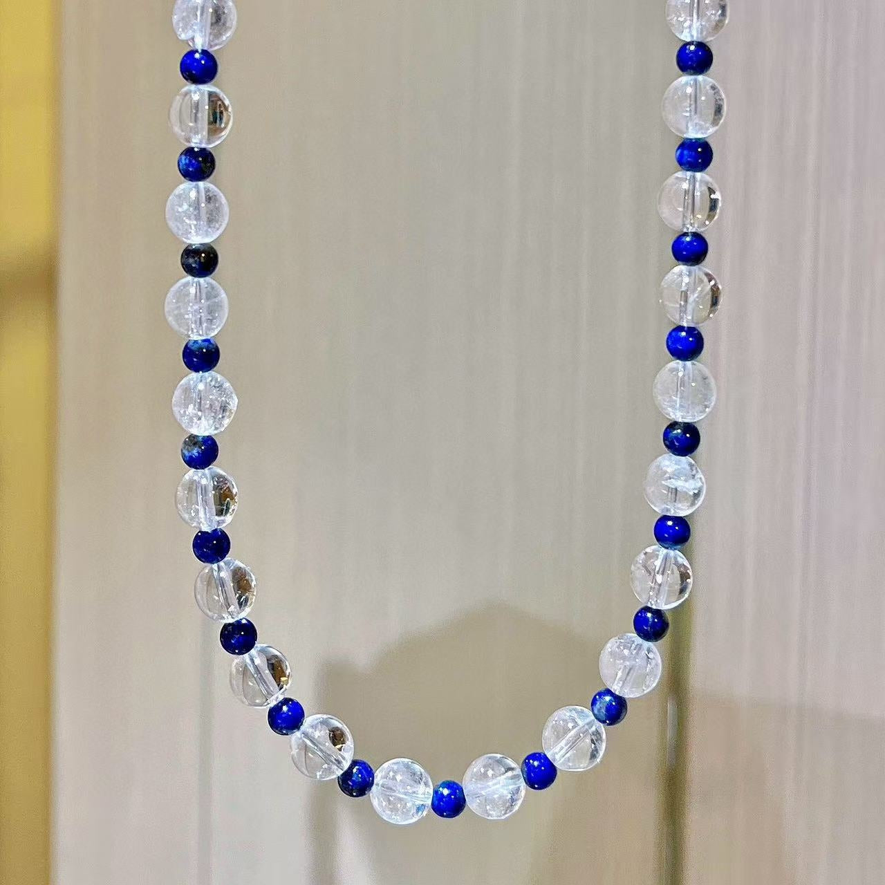 8mm Natural White Crystal and Lapis Lazuli Designer Collarbone Necklace