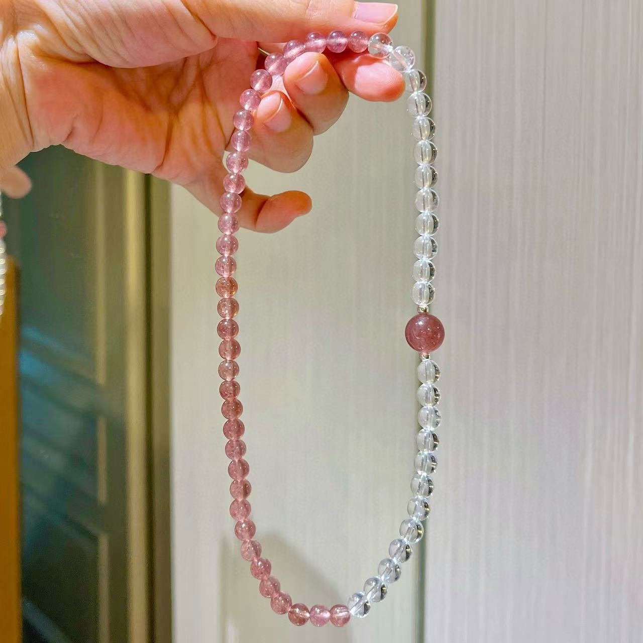 Sterling Silver Premium Natural White Crystal & Strawberry Quartz Designer Multi-Wrap Bracelet