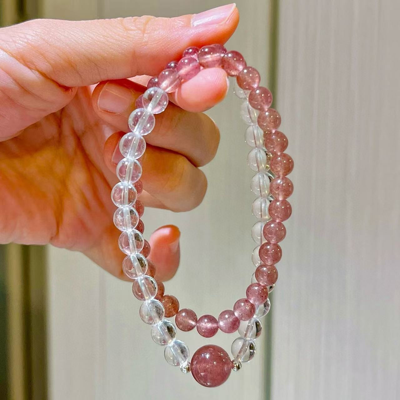 Sterling Silver Premium Natural White Crystal & Strawberry Quartz Designer Multi-Wrap Bracelet