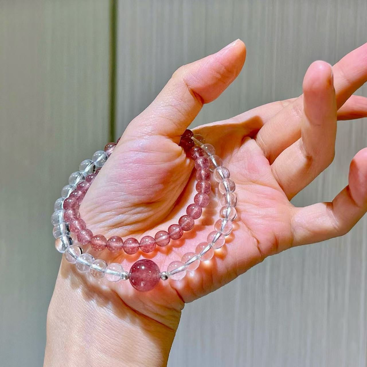 Sterling Silver Premium Natural White Crystal & Strawberry Quartz Designer Multi-Wrap Bracelet