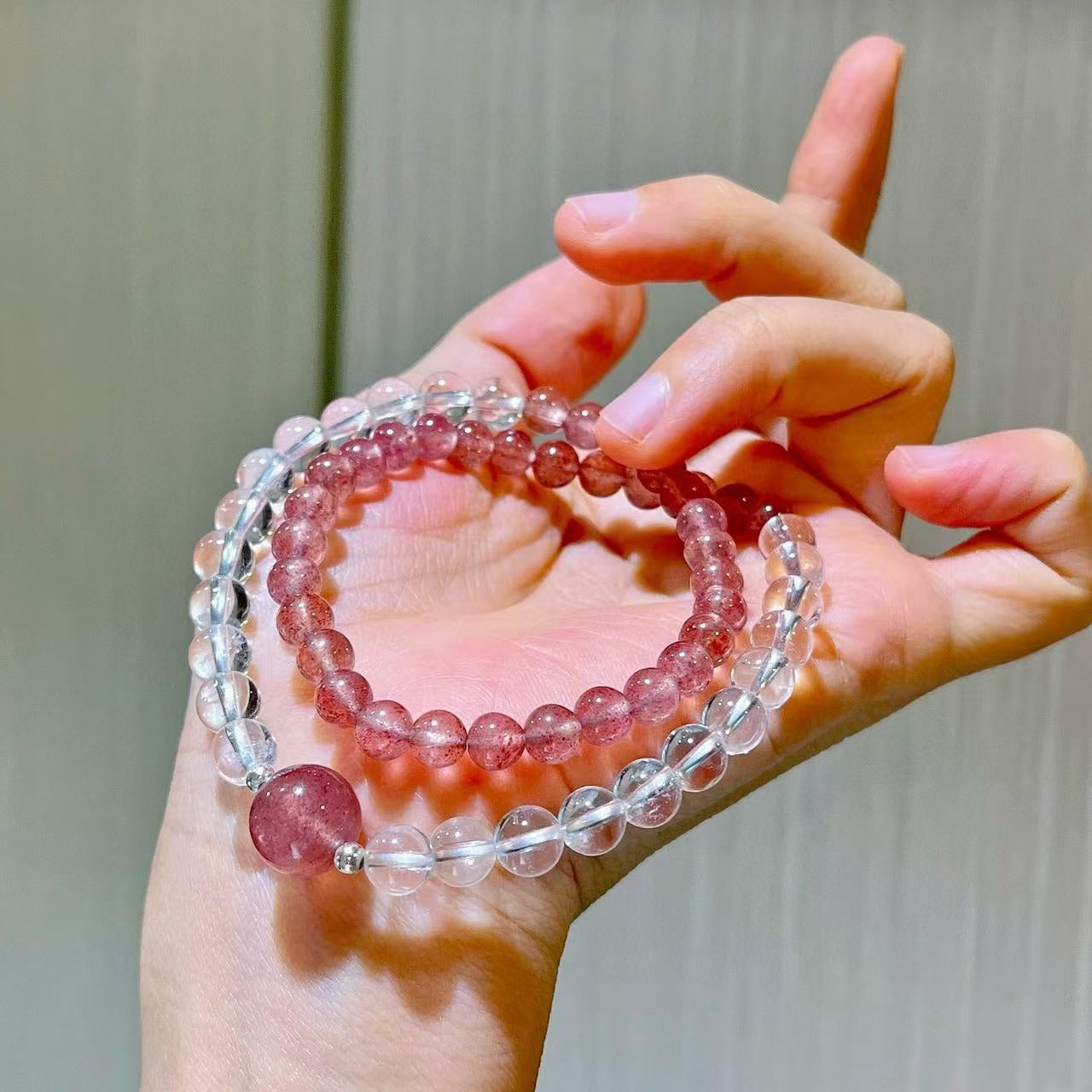 Sterling Silver Premium Natural White Crystal & Strawberry Quartz Designer Multi-Wrap Bracelet