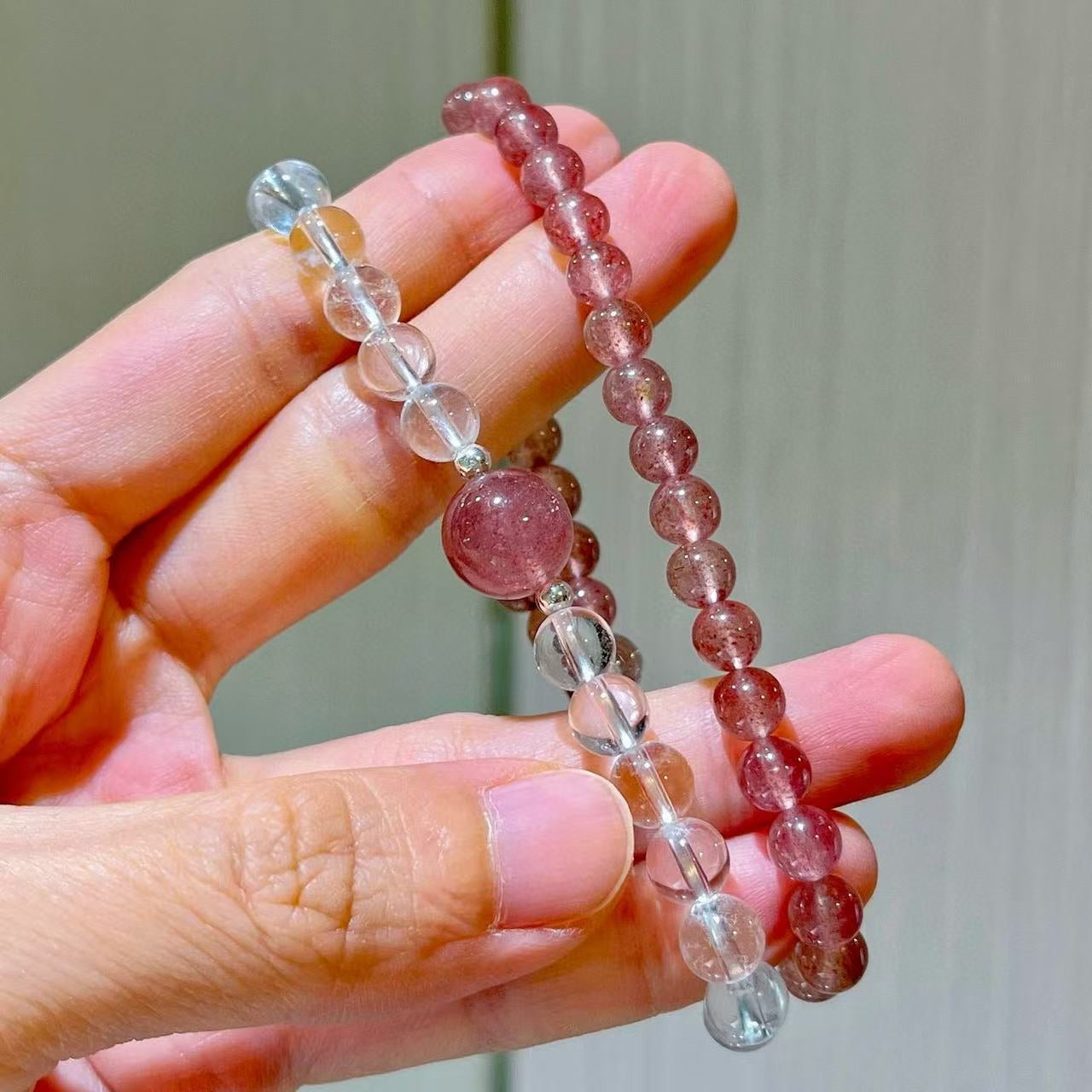 Sterling Silver Premium Natural White Crystal & Strawberry Quartz Designer Multi-Wrap Bracelet