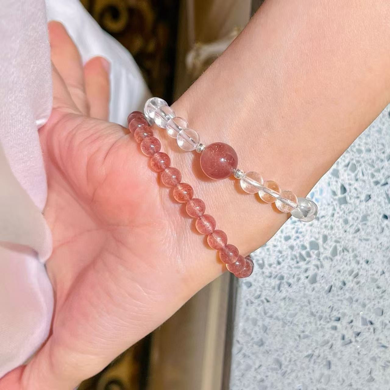 Sterling Silver Premium Natural White Crystal & Strawberry Quartz Designer Multi-Wrap Bracelet