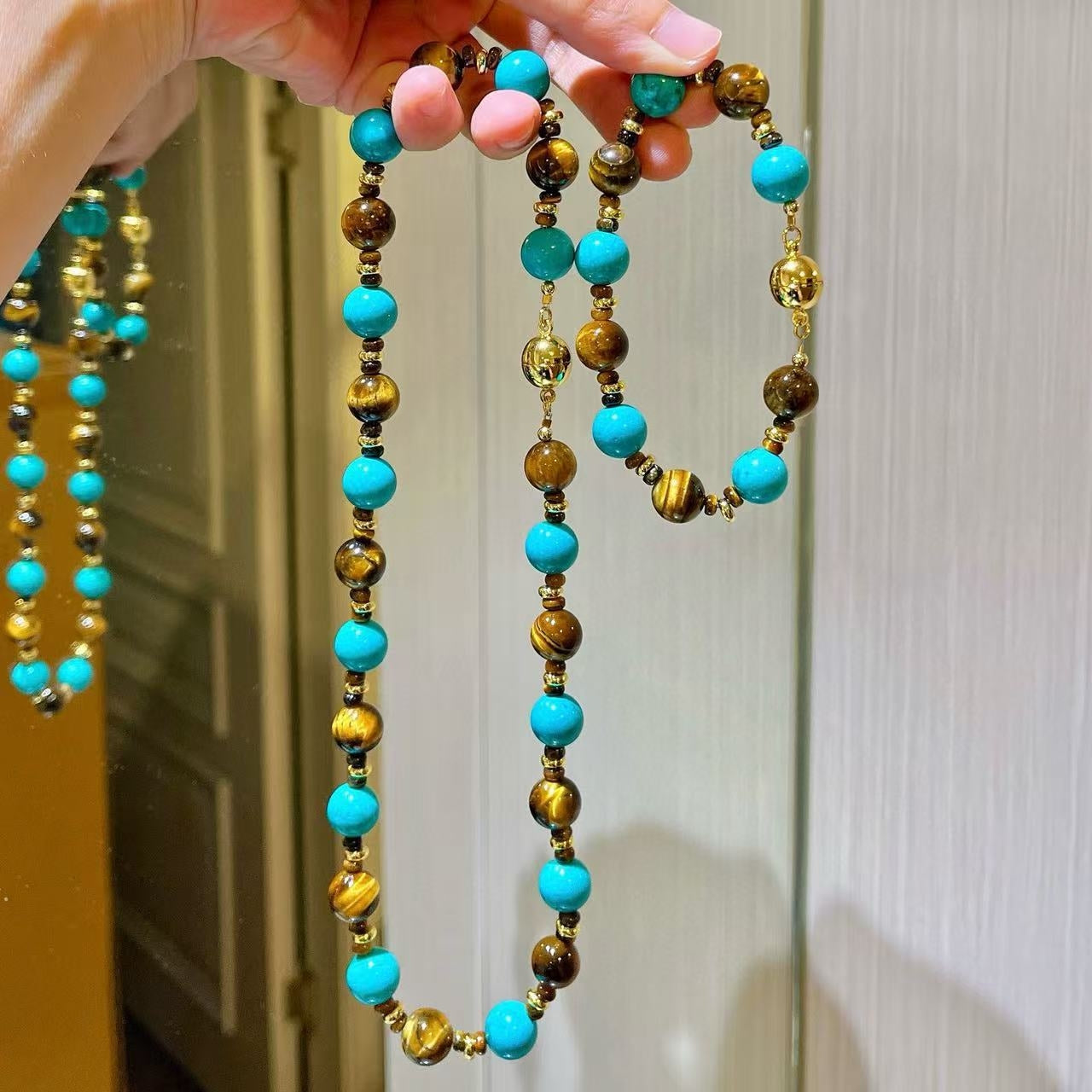 10mm Designer Turquoise-Colored Quartzite & Natural Tiger's Eye Jewelry Set