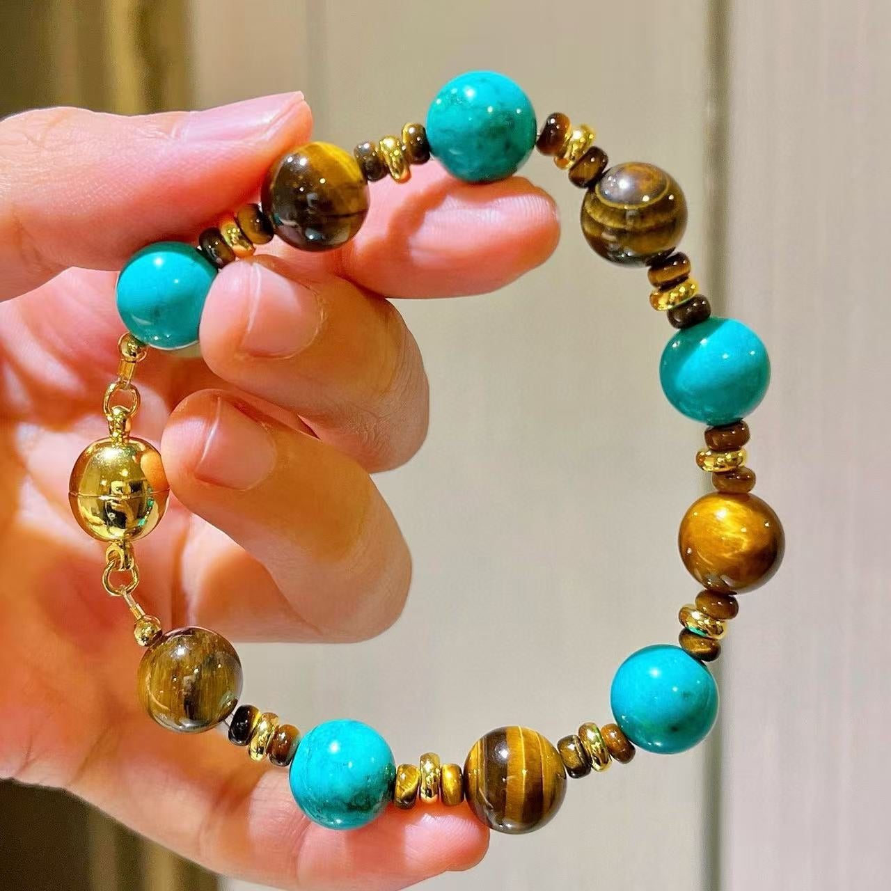 10mm Designer Turquoise-Colored Quartzite & Natural Tiger's Eye Jewelry Set