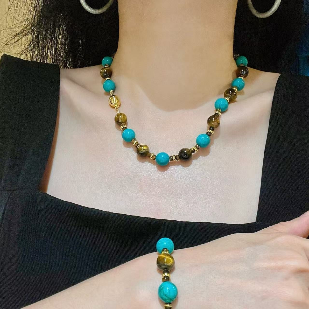 10mm Designer Turquoise-Colored Quartzite & Natural Tiger's Eye Jewelry Set
