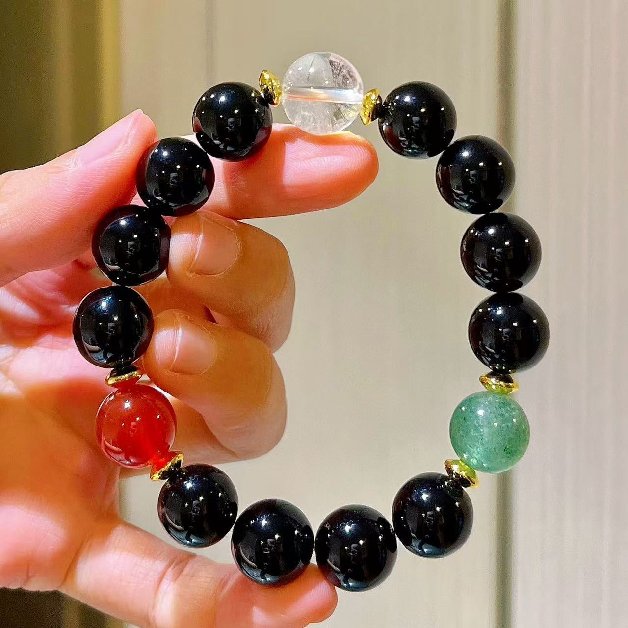 12mm Natural White Crystal & Black Onyx Designer Bracelet