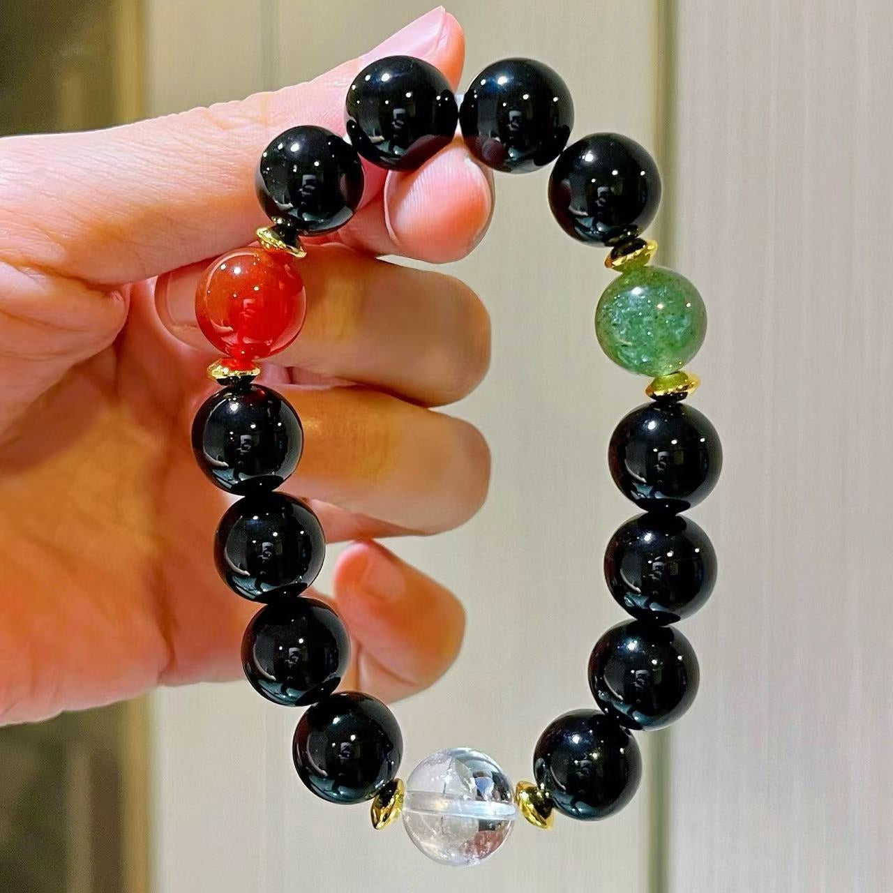 12mm Natural White Crystal & Black Onyx Designer Bracelet