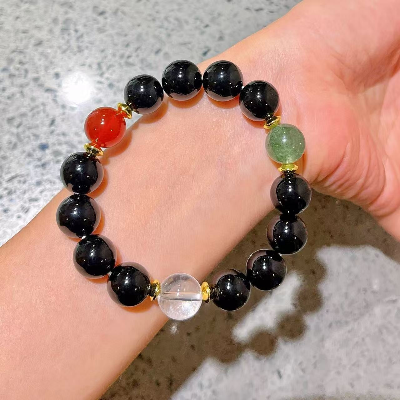 12mm Natural White Crystal & Black Onyx Designer Bracelet