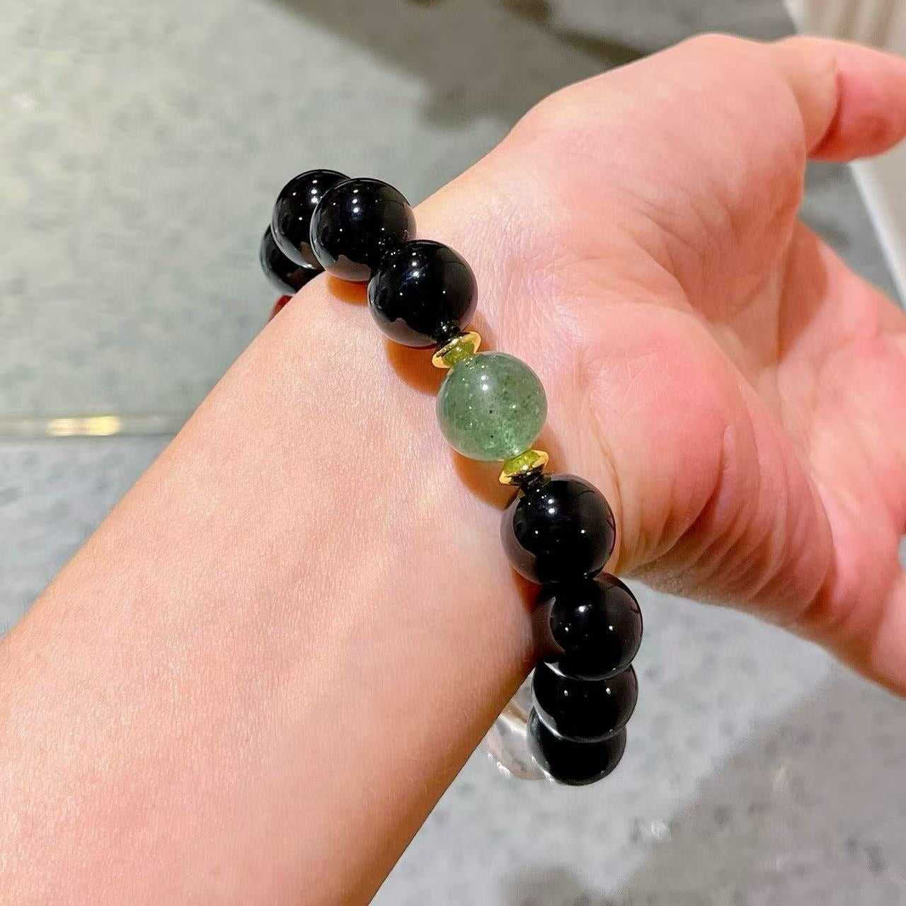 12mm Natural White Crystal & Black Onyx Designer Bracelet