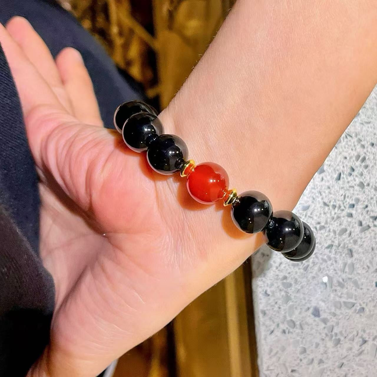 12mm Natural White Crystal & Black Onyx Designer Bracelet