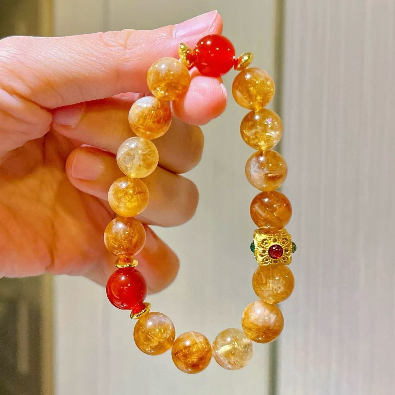10mm Caramel Honey Milk Natural Yellow Tower Quartz & Carnelian Designer Bracelet