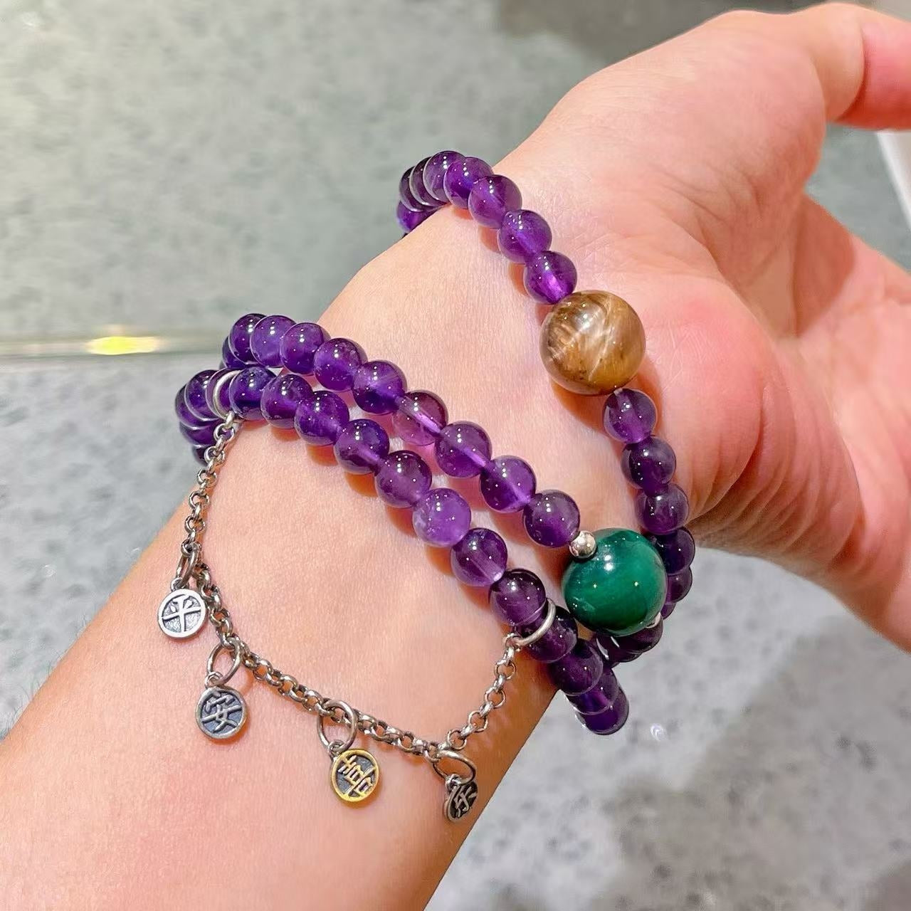 Sterling Silver Designer Natural Amethyst, Malachite & Tiger's Eye Multi-Stack Bracelet with Fringe Accents