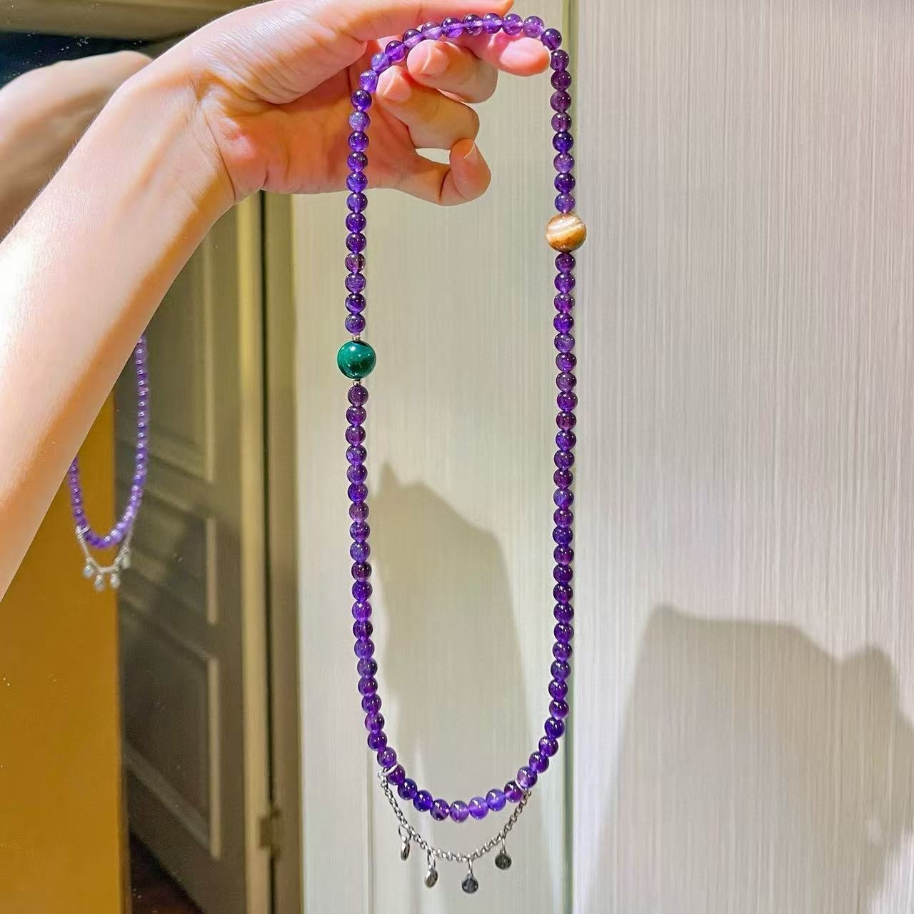 Sterling Silver Designer Natural Amethyst, Malachite & Tiger's Eye Multi-Stack Bracelet with Fringe Accents