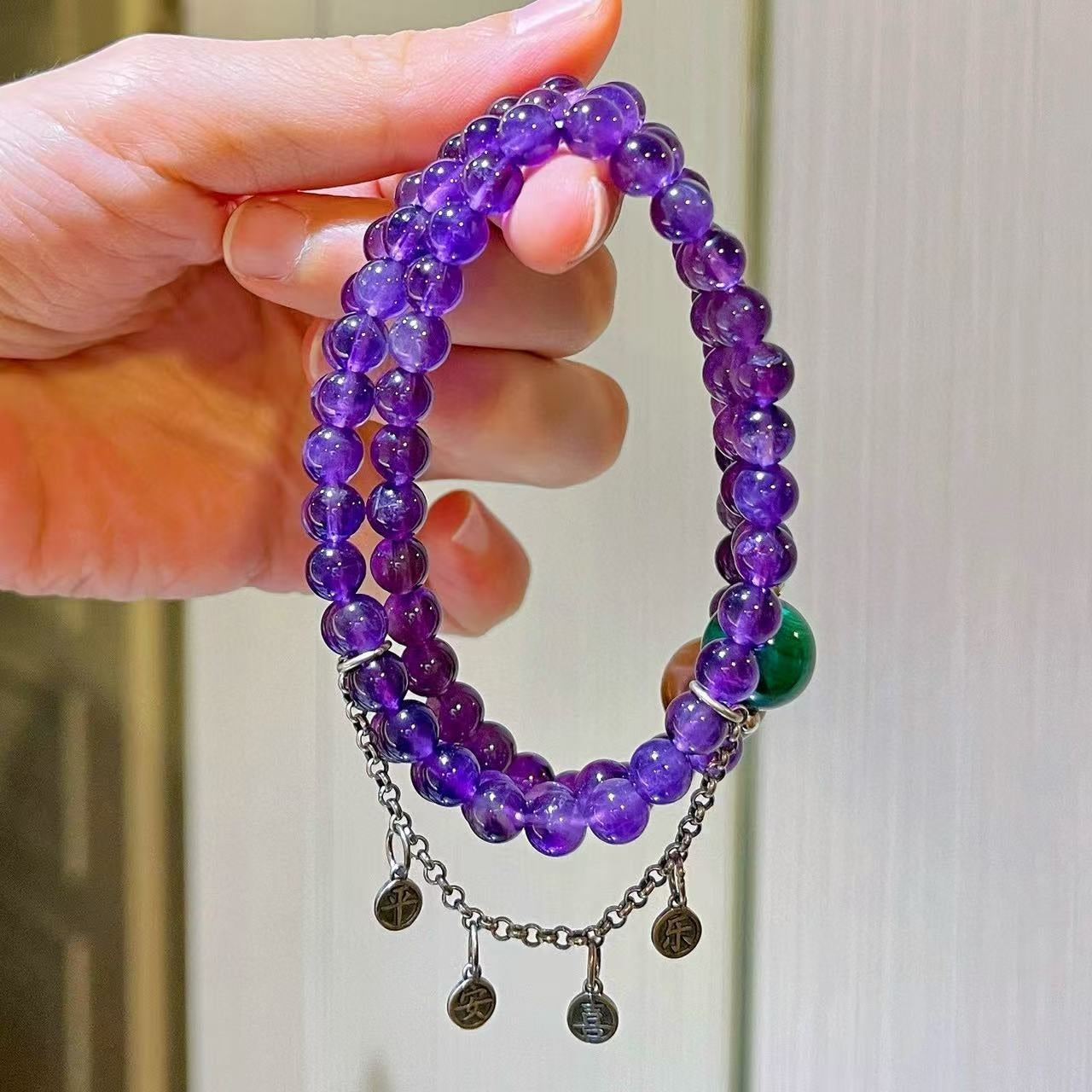 Sterling Silver Designer Natural Amethyst, Malachite & Tiger's Eye Multi-Stack Bracelet with Fringe Accents