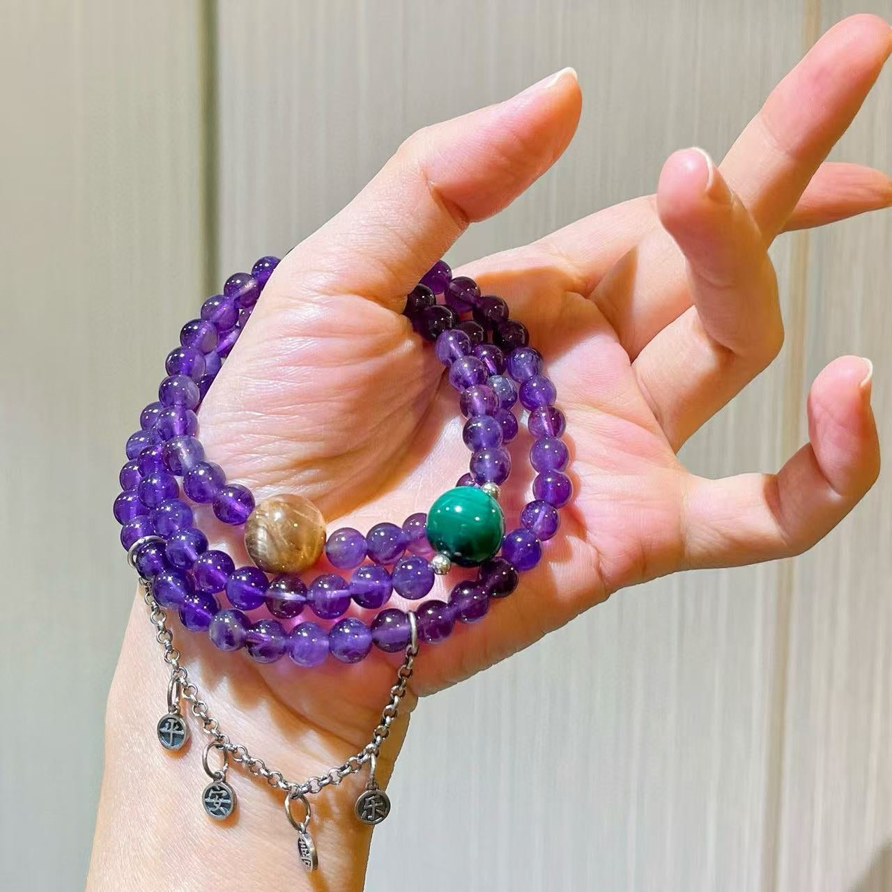 Sterling Silver Designer Natural Amethyst, Malachite & Tiger's Eye Multi-Stack Bracelet with Fringe Accents