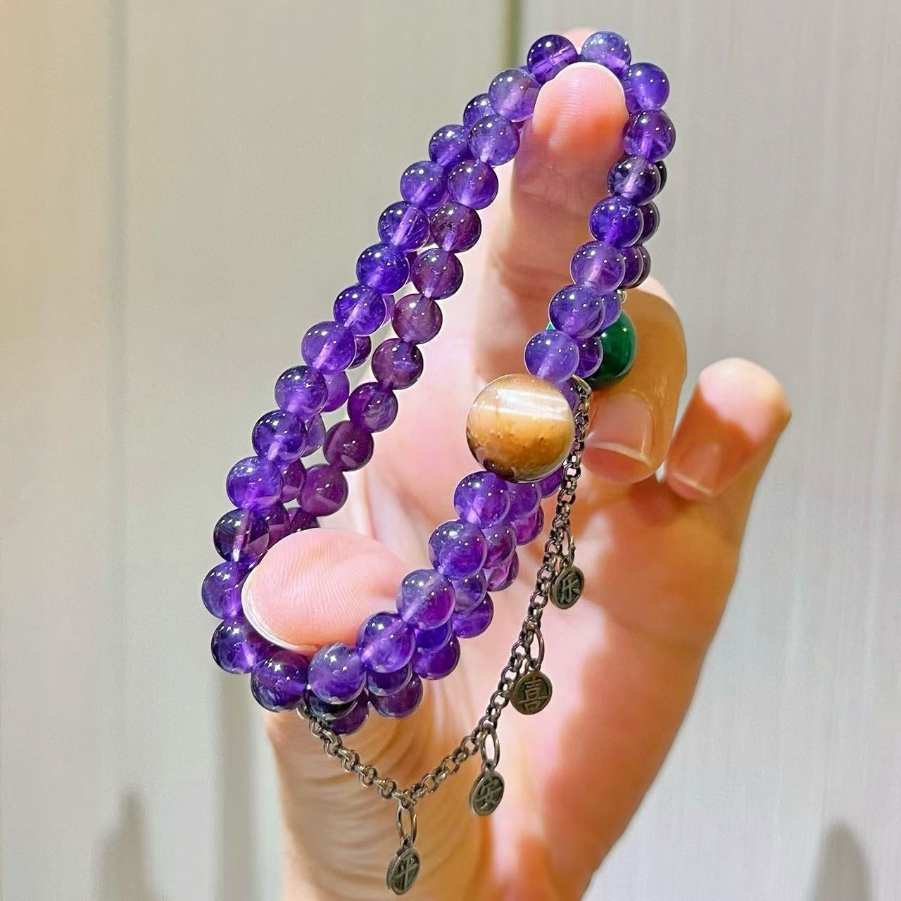 Sterling Silver Designer Natural Amethyst, Malachite & Tiger's Eye Multi-Stack Bracelet with Fringe Accents