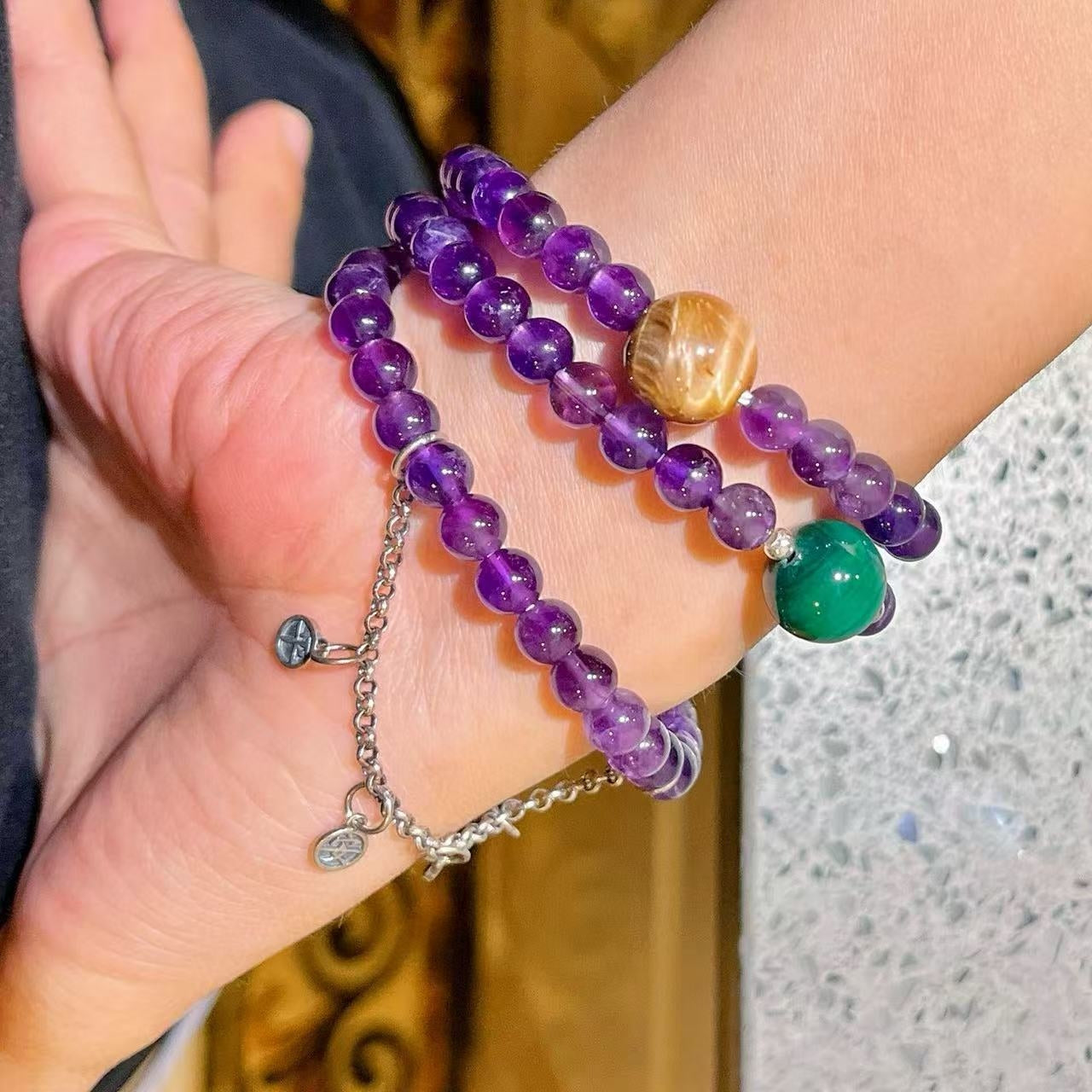 Sterling Silver Designer Natural Amethyst, Malachite & Tiger's Eye Multi-Stack Bracelet with Fringe Accents