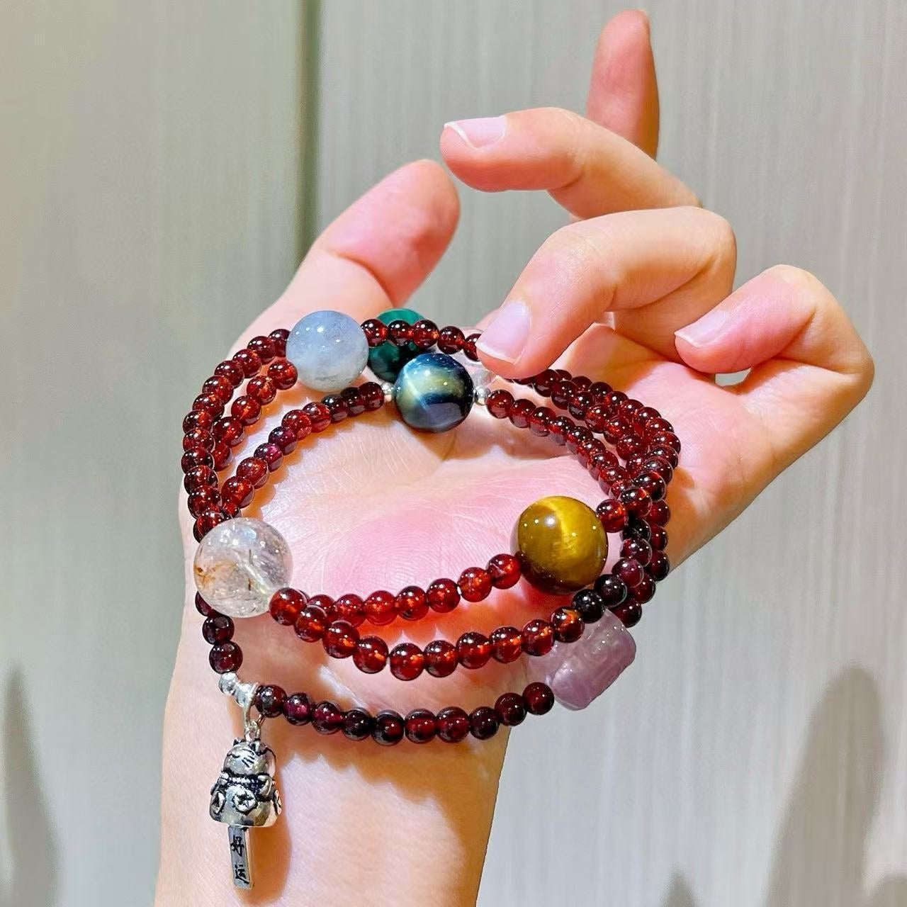 Sterling Silver Designer Premium Natural Garnet Malachite Gray Moonstone & Tiger's Eye Multi-Stack Bracelet