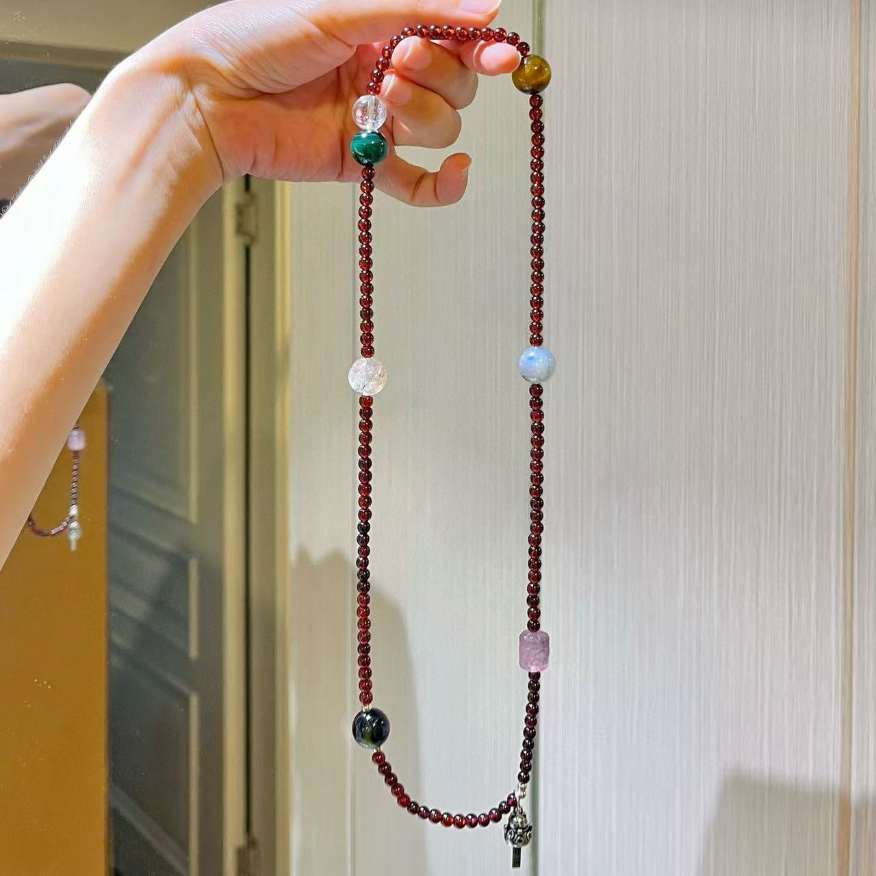 Sterling Silver Designer Premium Natural Garnet Malachite Gray Moonstone & Tiger's Eye Multi-Stack Bracelet