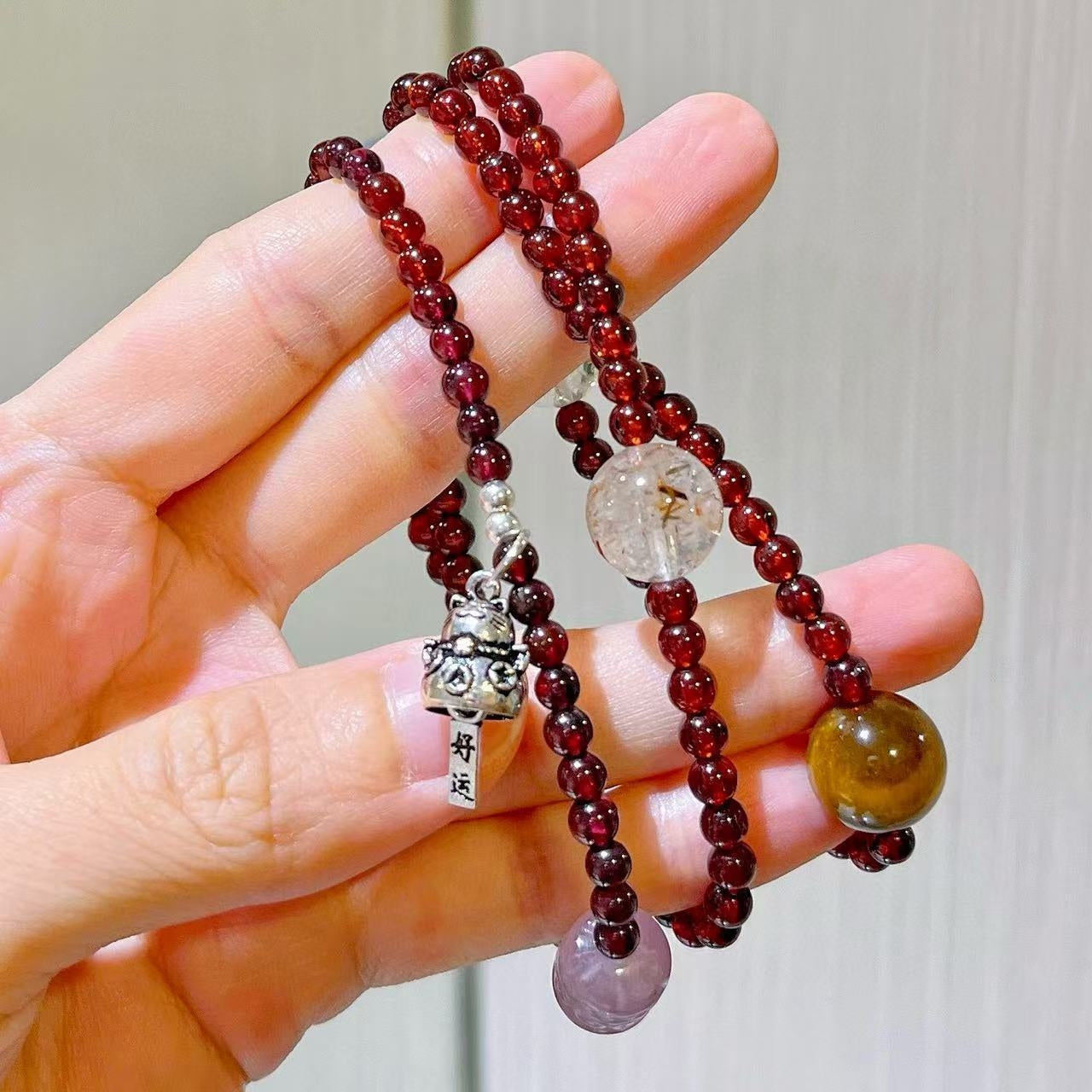 Sterling Silver Designer Premium Natural Garnet Malachite Gray Moonstone & Tiger's Eye Multi-Stack Bracelet