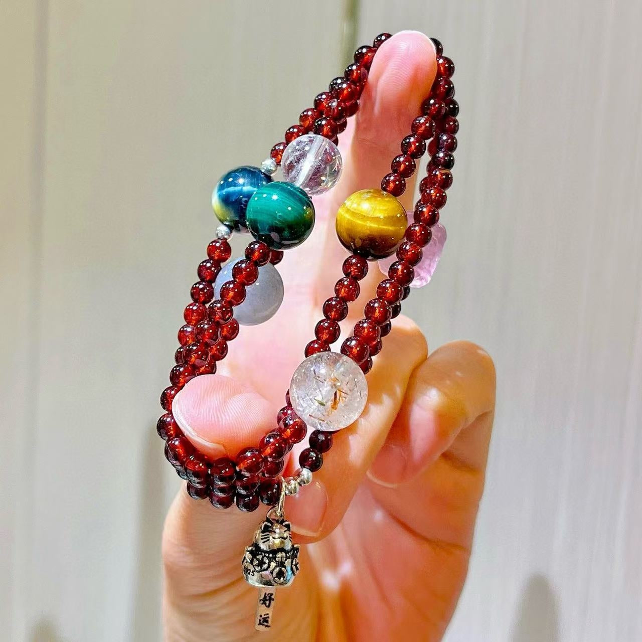 Sterling Silver Designer Premium Natural Garnet Malachite Gray Moonstone & Tiger's Eye Multi-Stack Bracelet