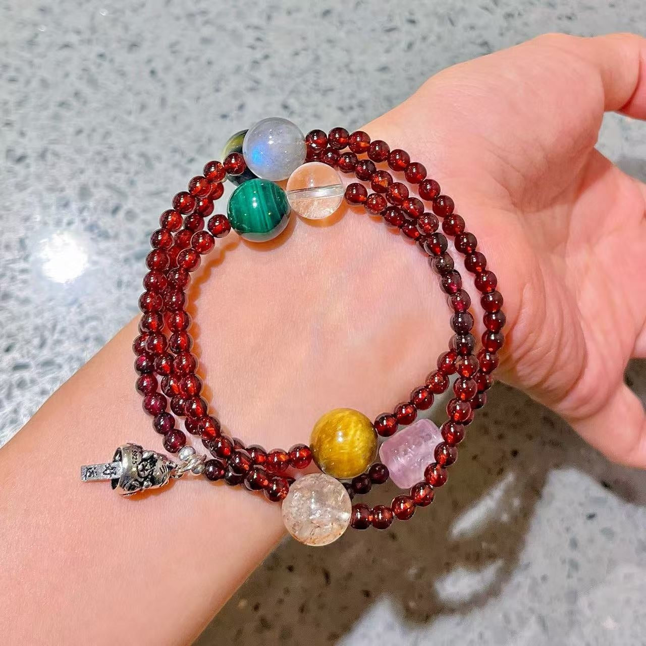 Sterling Silver Designer Premium Natural Garnet Malachite Gray Moonstone & Tiger's Eye Multi-Stack Bracelet