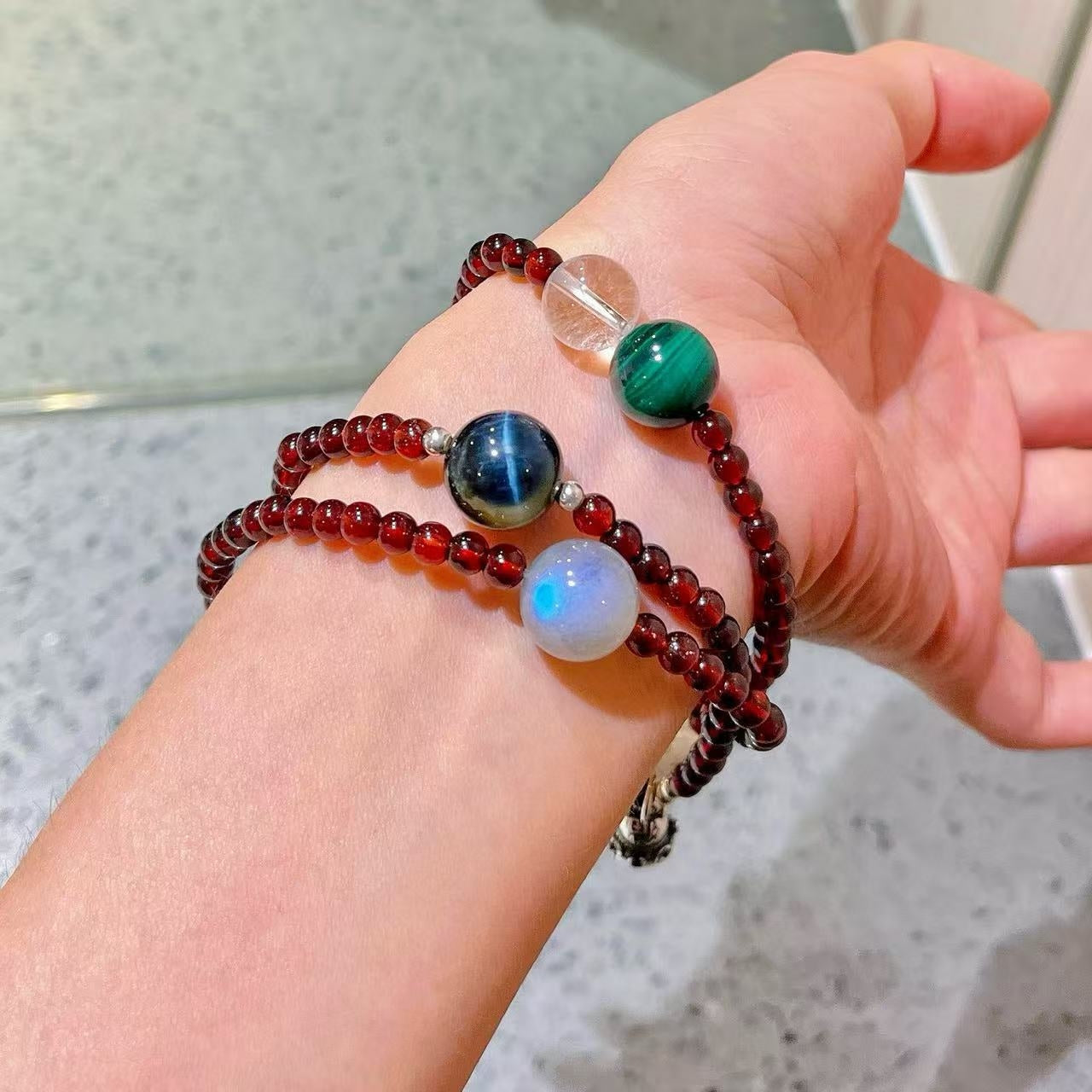 Sterling Silver Designer Premium Natural Garnet Malachite Gray Moonstone & Tiger's Eye Multi-Stack Bracelet