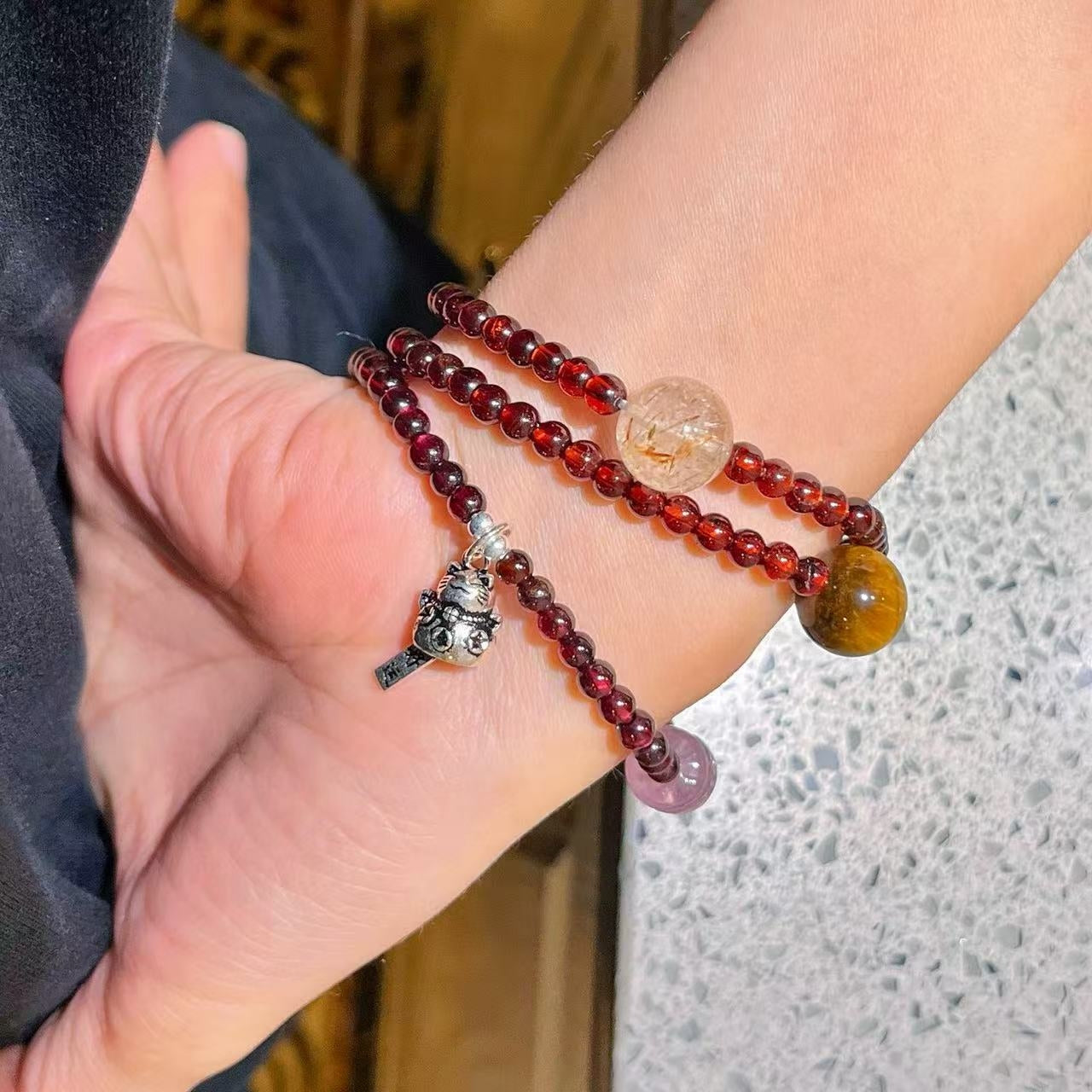 Sterling Silver Designer Premium Natural Garnet Malachite Gray Moonstone & Tiger's Eye Multi-Stack Bracelet