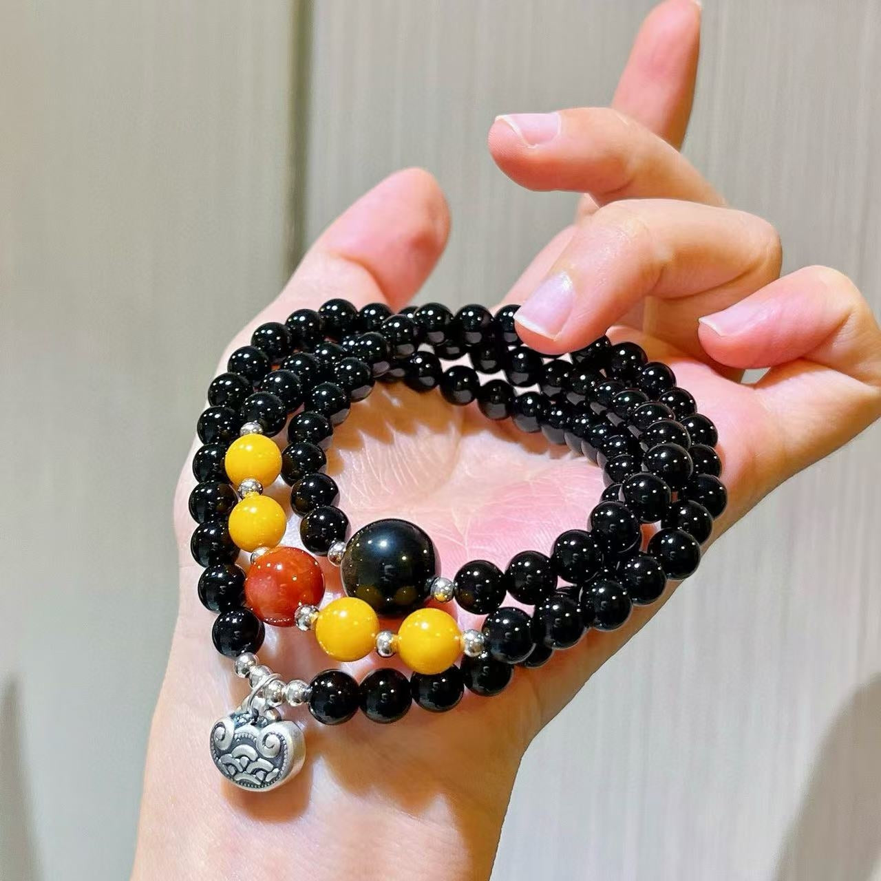 Sterling Silver Designer Premium Natural Antique Amber, South Red Agate & Black Onyx Multi-Stack Bracelet