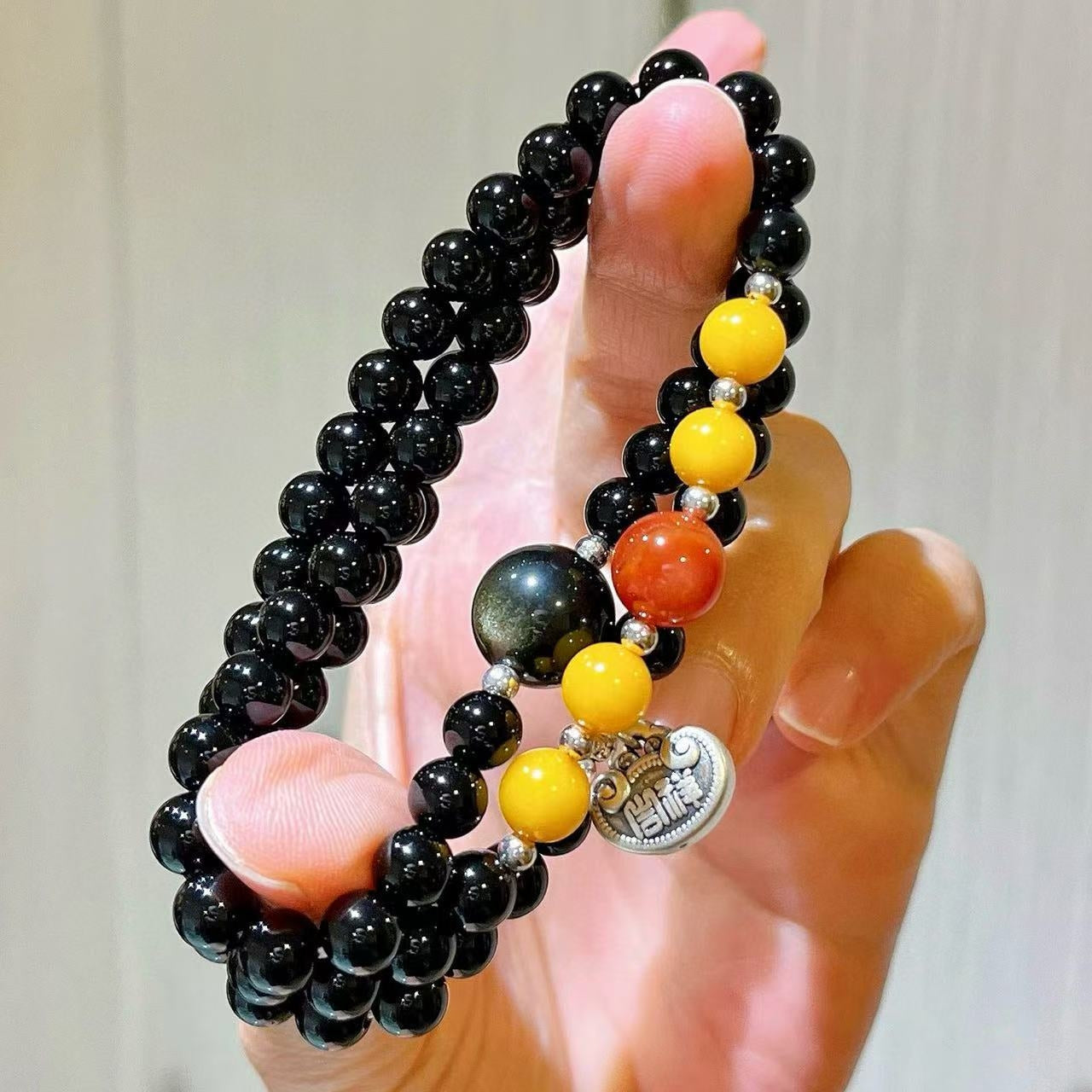 Sterling Silver Designer Premium Natural Antique Amber, South Red Agate & Black Onyx Multi-Stack Bracelet