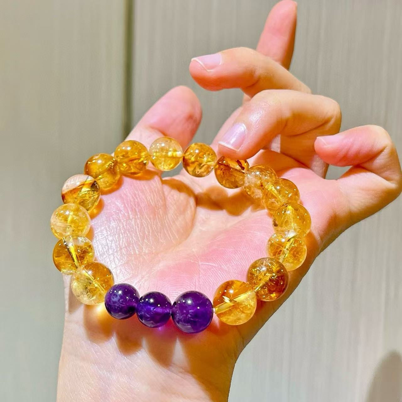 10mm Maillard-Style Natural Beaded Bracelet Featuring High-Quality Citrine Amethyst Faceted Yellow Tower Crystal