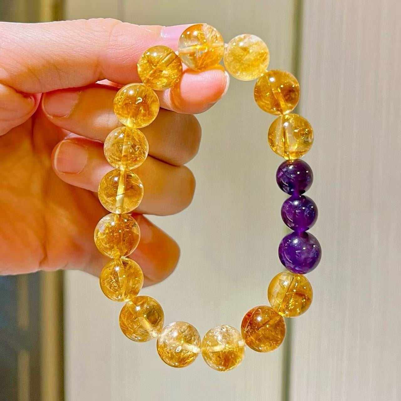 10mm Maillard-Style Natural Beaded Bracelet Featuring High-Quality Citrine Amethyst Faceted Yellow Tower Crystal