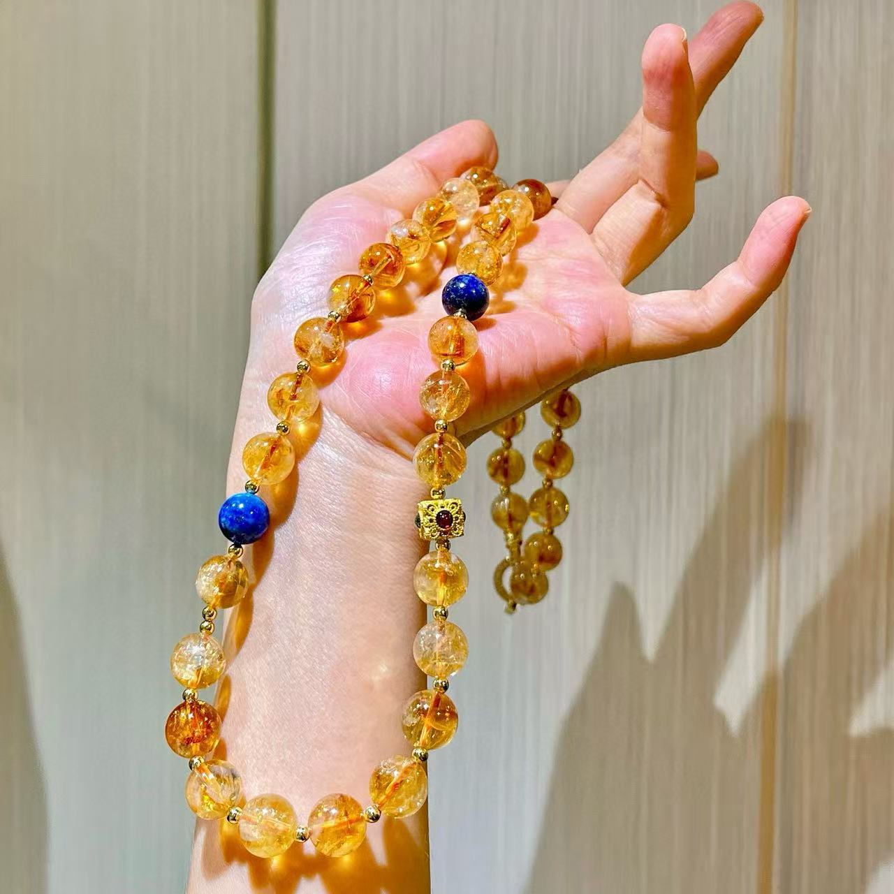 10mm Natural High-Quality Citrine Yellow Tower Crystal Lapis Lazuli Vintage Lariat Necklace