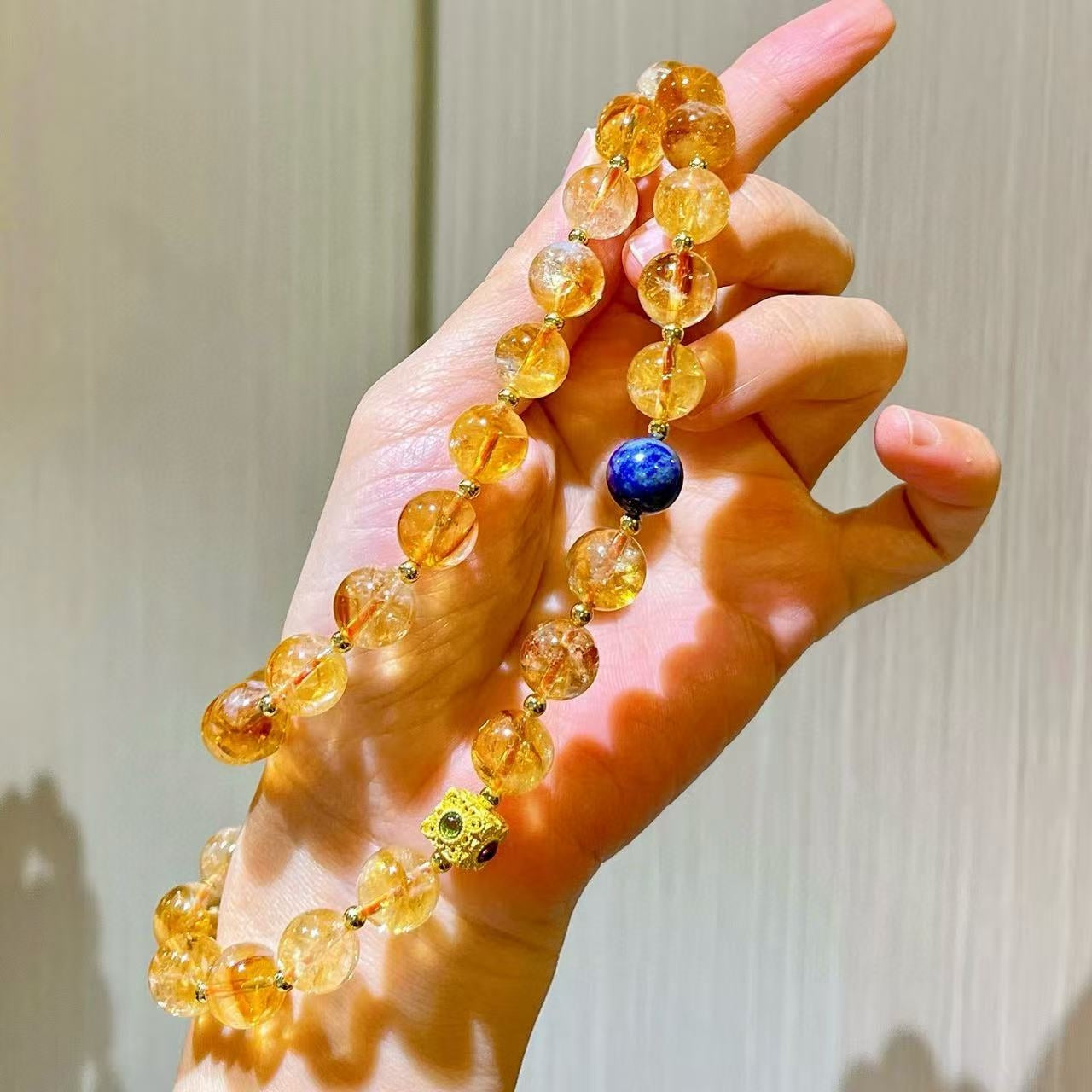 10mm Natural High-Quality Citrine Yellow Tower Crystal Lapis Lazuli Vintage Lariat Necklace