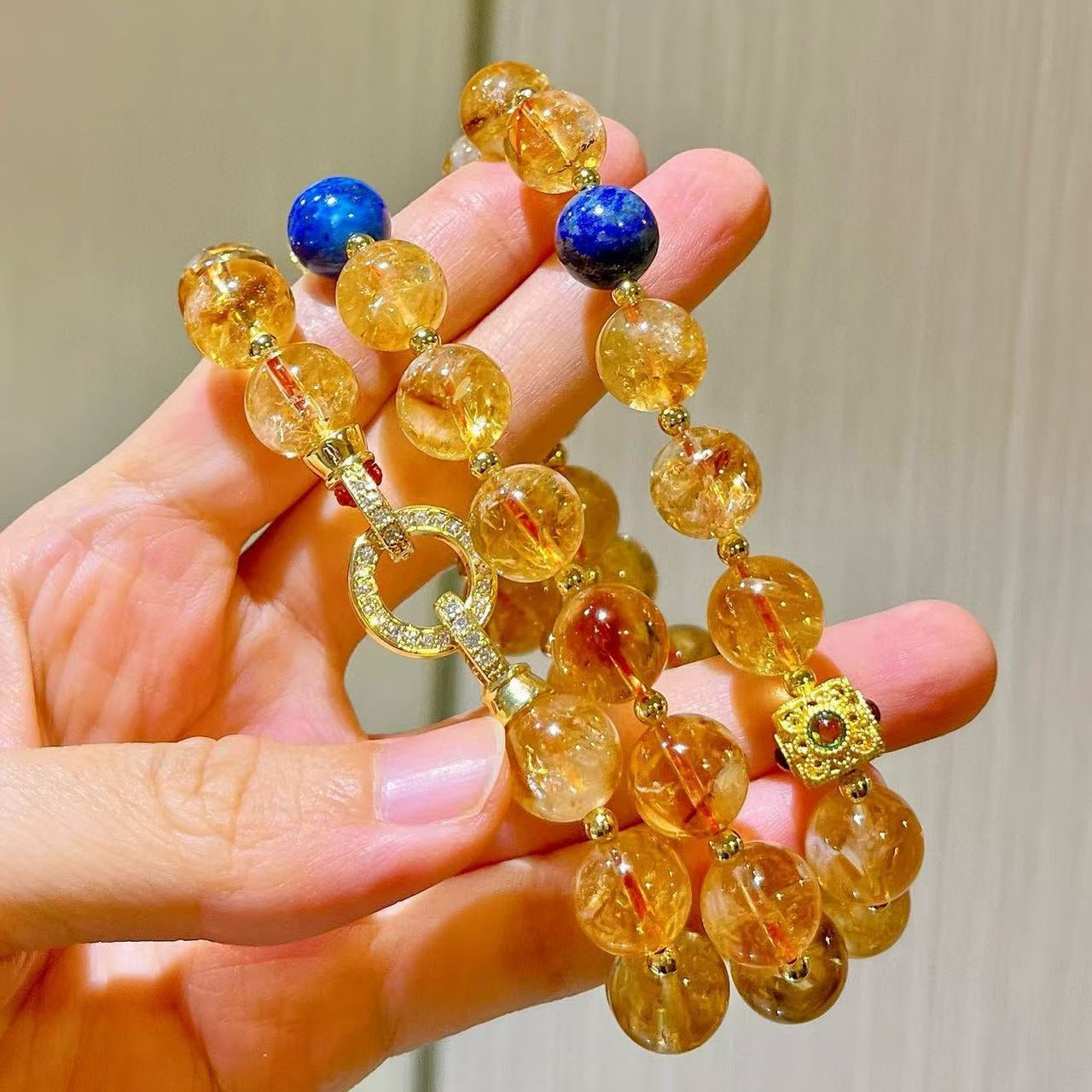 10mm Natural High-Quality Citrine Yellow Tower Crystal Lapis Lazuli Vintage Lariat Necklace
