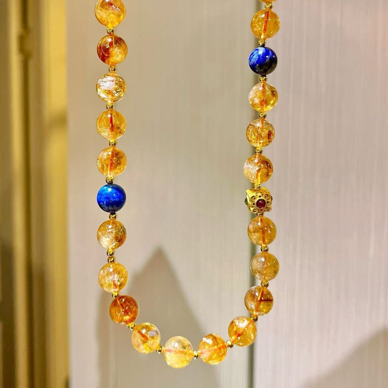10mm Natural High-Quality Citrine Yellow Tower Crystal Lapis Lazuli Vintage Lariat Necklace