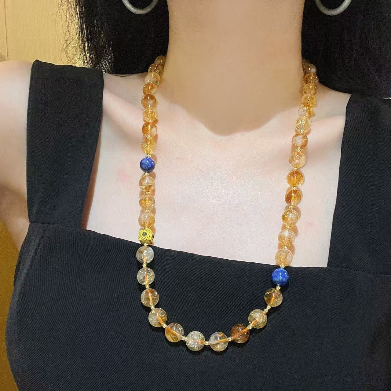10mm Natural High-Quality Citrine Yellow Tower Crystal Lapis Lazuli Vintage Lariat Necklace