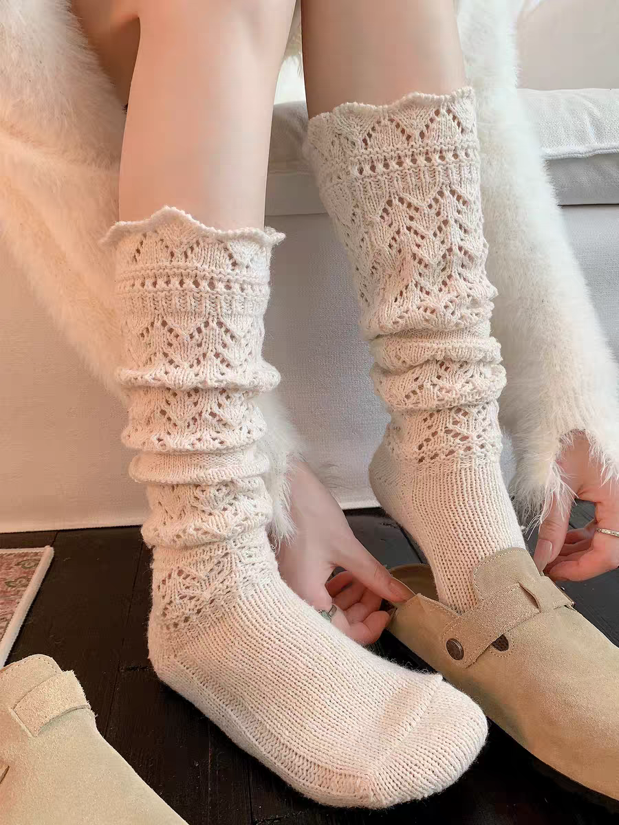 Retro pile socks warm knit calf socks hollow out yarn long socks