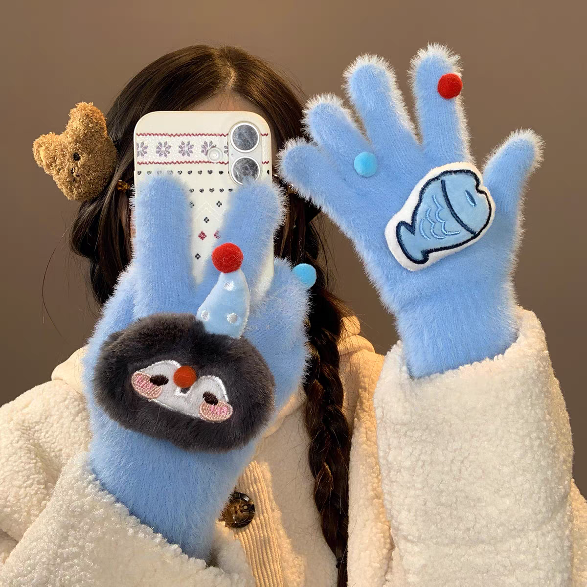 Cute Soft Sticky Penguin Little Fish Blue Plush Gloves Women's Winter Cartoon Thickened Warm Cycling Windproof and Cold proof