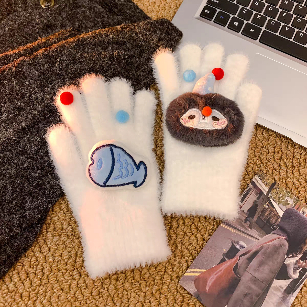 Cute Soft Sticky Penguin Little Fish Blue Plush Gloves Women's Winter Cartoon Thickened Warm Cycling Windproof and Cold proof