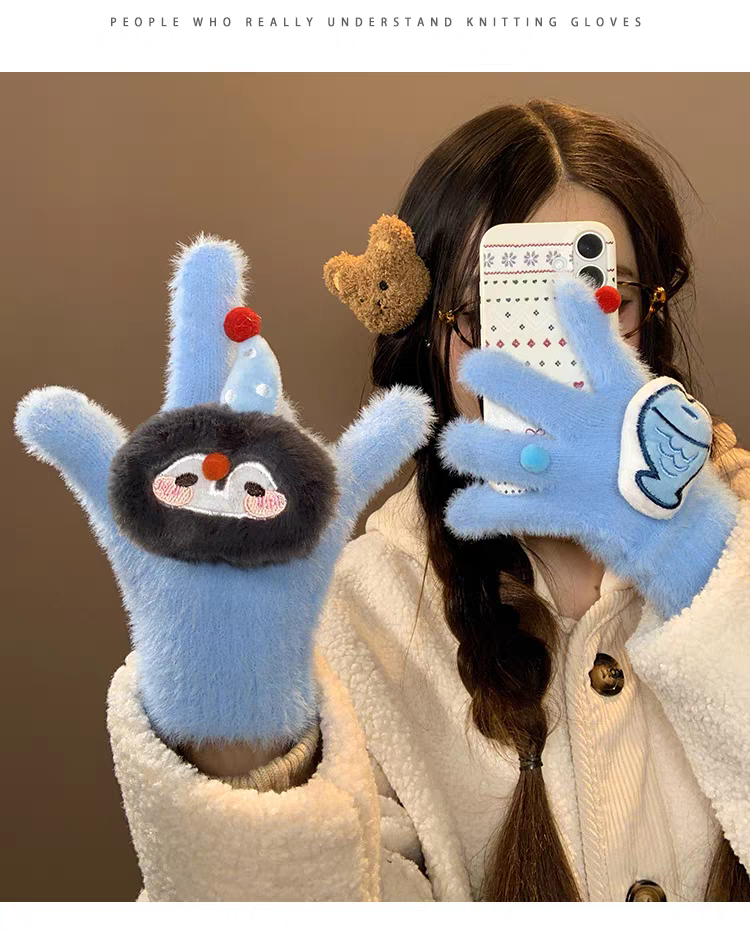 Cute Soft Sticky Penguin Little Fish Blue Plush Gloves Women's Winter Cartoon Thickened Warm Cycling Windproof and Cold proof