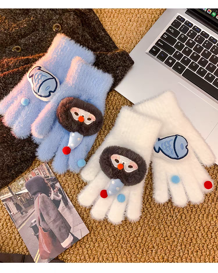 Cute Soft Sticky Penguin Little Fish Blue Plush Gloves Women's Winter Cartoon Thickened Warm Cycling Windproof and Cold proof