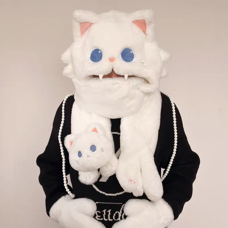 Cute cat scarf, hat, gloves, one piece plush warm hooded scarf, winter girl gift