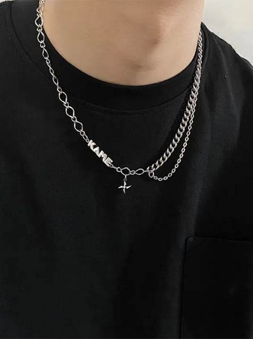 Pure silver necklace trendy brand versatile luxury double-layer stacked hip-hop pendant - MOWTE