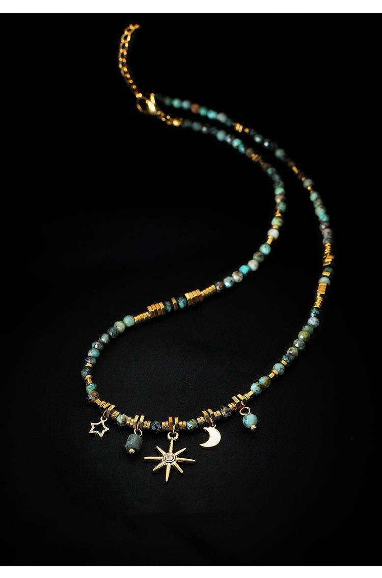 Retro double-layer stacked natural stone bead sunflower necklace high-end design for women collarbone chain - MOWTE