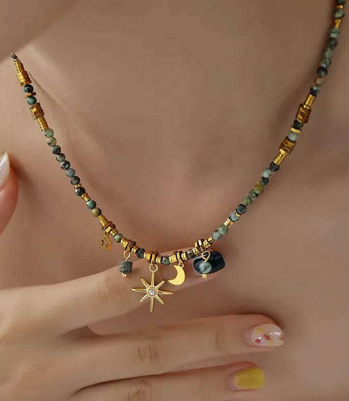 Retro double-layer stacked natural stone bead sunflower necklace high-end design for women collarbone chain - MOWTE