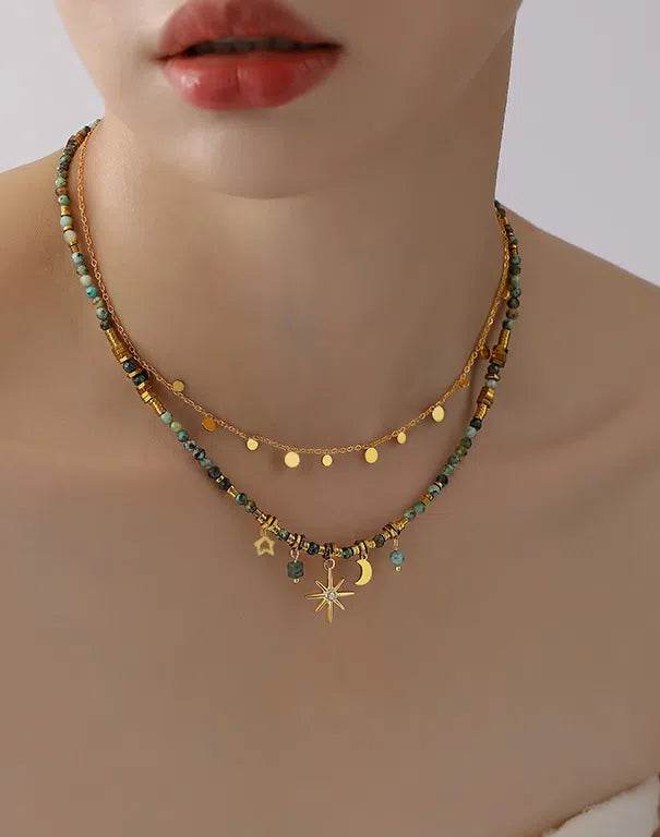 Retro double-layer stacked natural stone bead sunflower necklace high-end design for women collarbone chain - MOWTE