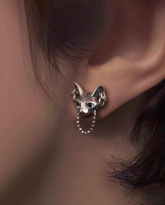 Pure silver earrings Sphinx cat personality male and female temperament handsome and trendy earrings - MOWTE