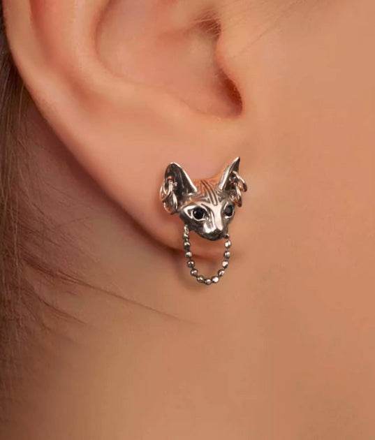 Pure silver earrings Sphinx cat personality male and female temperament handsome and trendy earrings - MOWTE